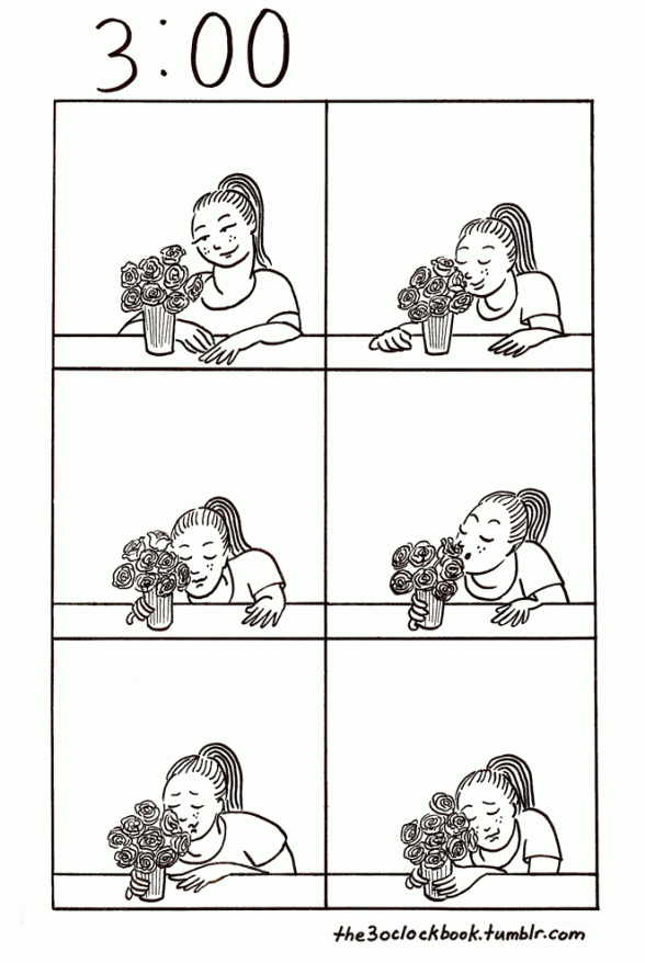 black and white panel comic girl smelling roses
