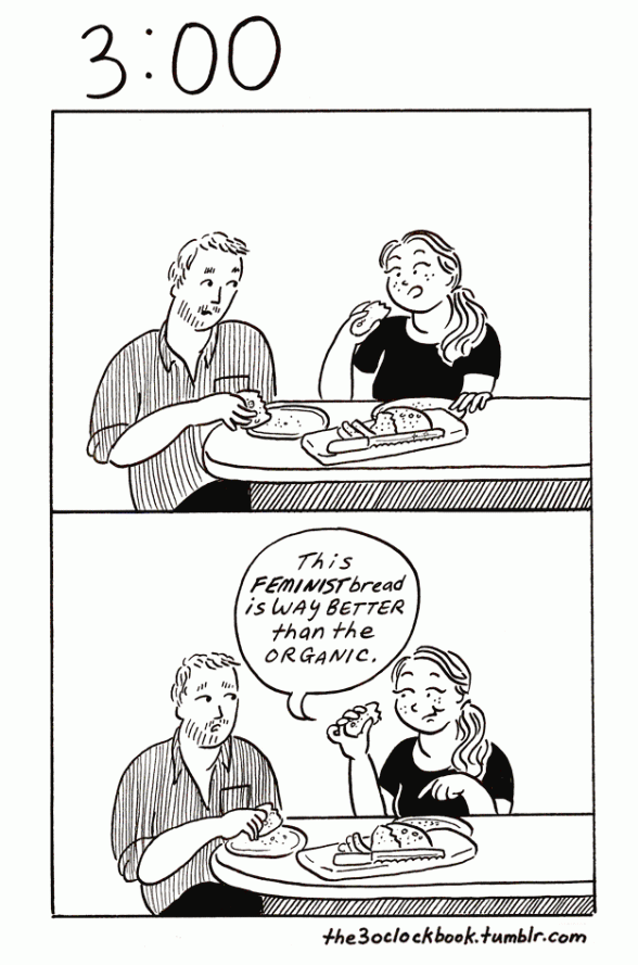 two panel comic with woman and man eating and talking