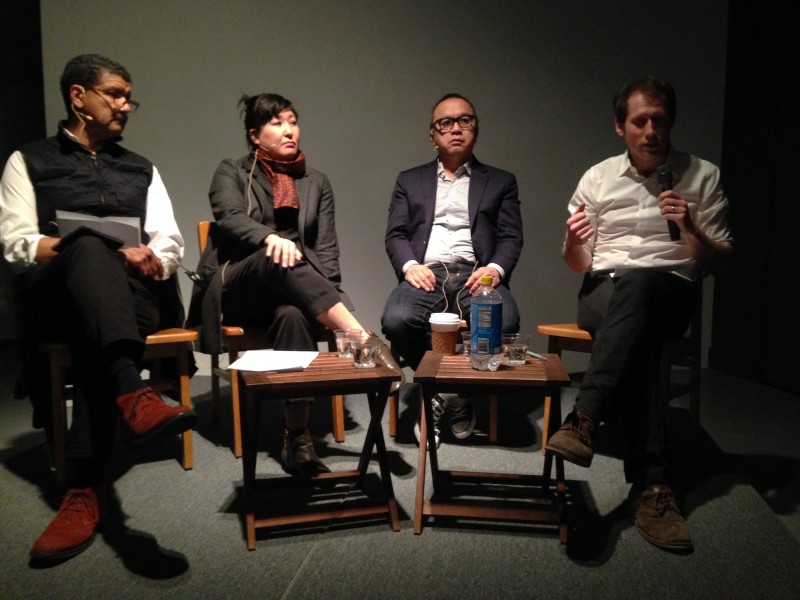 (L-R) Pepón Osorio, Amy Sadao, Ken Lum, Aaron Levy, speaking about art and social responsibility in 2015 at Slought.