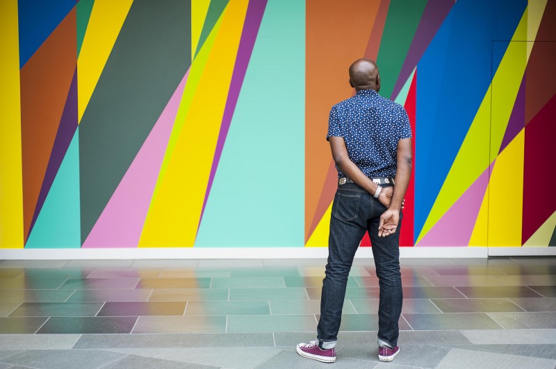 Odili Donald Odita with mural painting at Nasher Museum