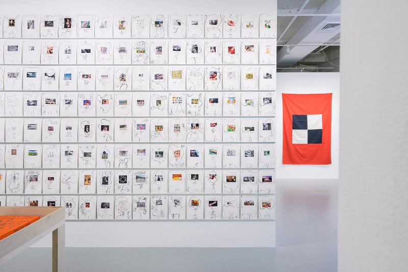 (Left to right) 88 Maps, 2010. Courtesy of the artist and Mai 36 Galerie. The Meaning of Things, 2014. Courtesy of the artist and ProjecteSD. Untitled (Indian Banner), 1973. Courtesy of the artist and Mai 36 Galerie. Photo credit: Studio LHOOQ