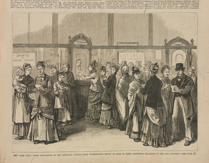 New York City, Irish Depositors of the Emigrant Savings Bank withdrawing money to send to their suffering relatives in the old country,' Frank Leslie’s Illustrated Newspaper