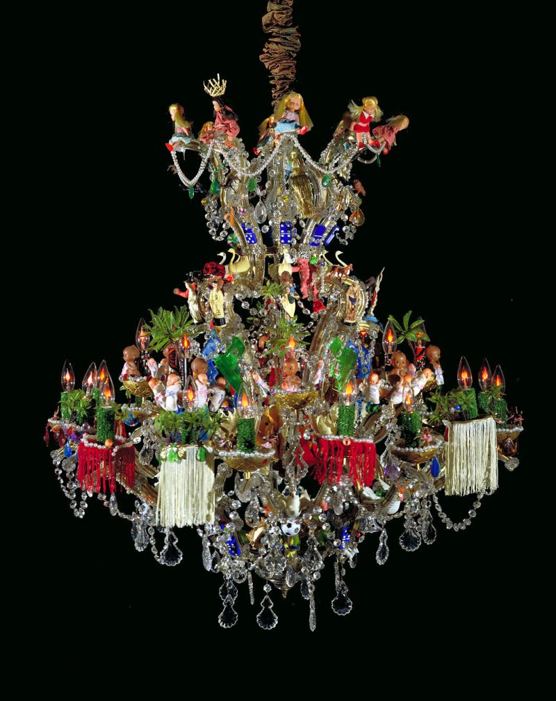 El Chandelier, 1988, Pepón Osorio, functional metal and glass chandelier with plastic toys and figurines, glass crystals, and other objects 60 7/8 x 42 in. (154.6 x 106.7 cm) diam. Smithsonian American Art Museum Museum purchase through the Smithsonian Latino Initiatives Pool and the Smithsonian Institution Collections Acquisition Program © 1988, Pepón Osorio