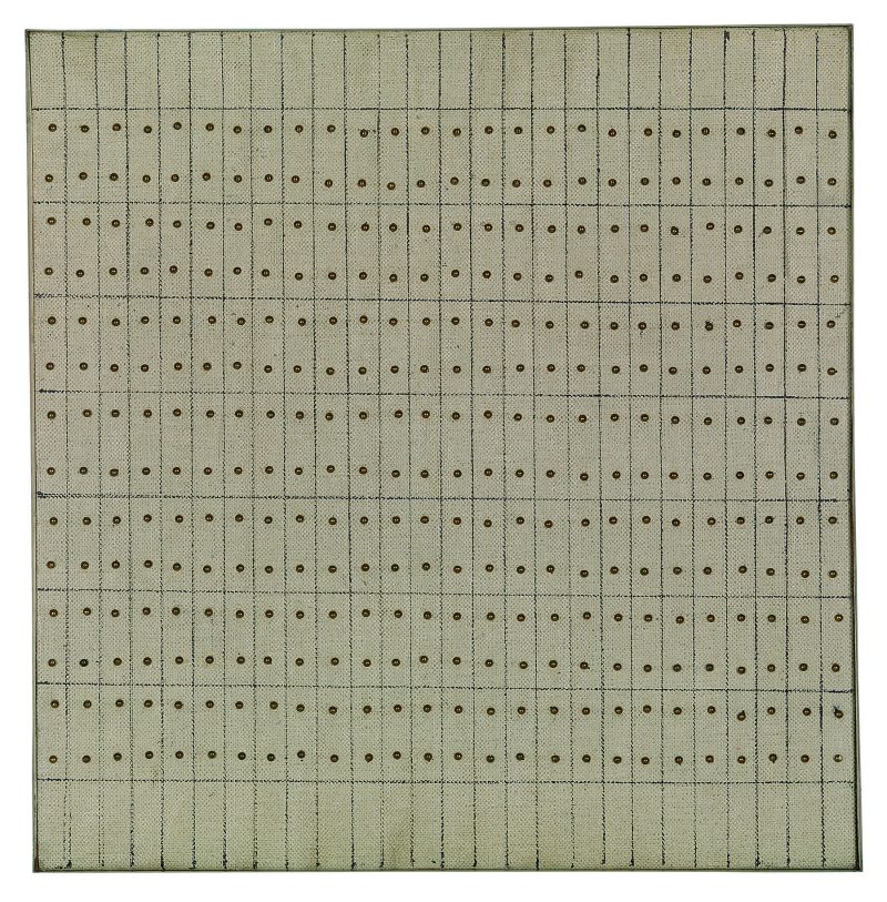 Agnes Martin, “Little Sister,” 1962, Oil, ink, and brass nails on canvas and wood sheet, 25.1 x 24.2 cm, Solomon R. Guggenheim Museum, New York, Gift, Andrew Powie Fuller and Geraldine Spreckels, Fuller Collection 2000.40. © 2016 Agnes Martin/Artists Rights Society (ARS), New York.