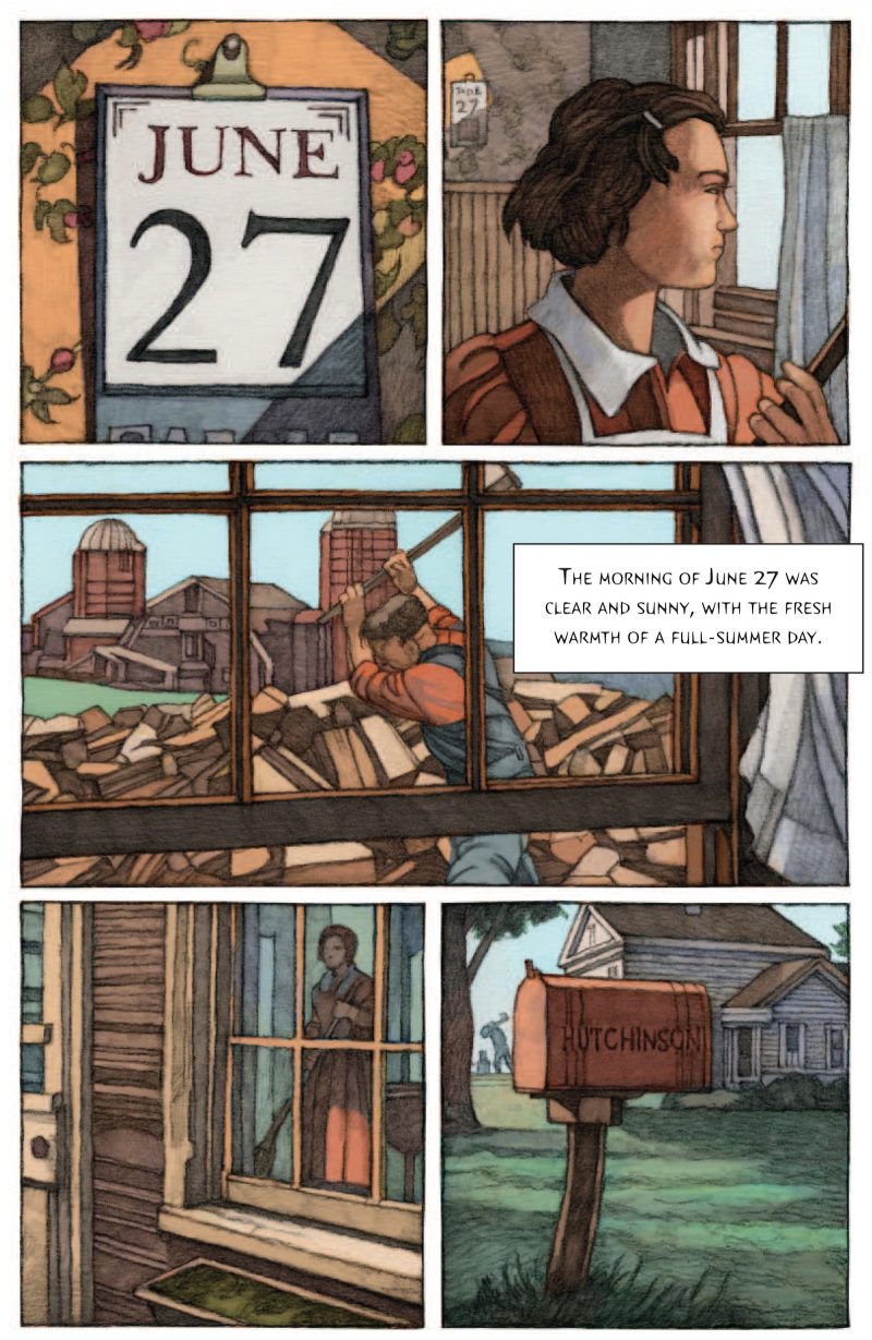Miles Hyman, The Lottery, graphic novel based on The Lottery, story by Shirley Jackson, published by The New Yorker. Page 19 of graphic novel