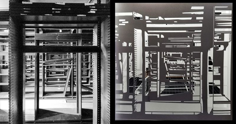 Photograph of empty stacks on left, Artist cut-out on right, provided by the artist.