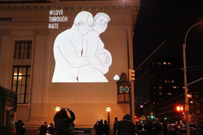 Williamsburg Building Has Pregnant Trump And Putin Love Photo Projected Onto It (2017).