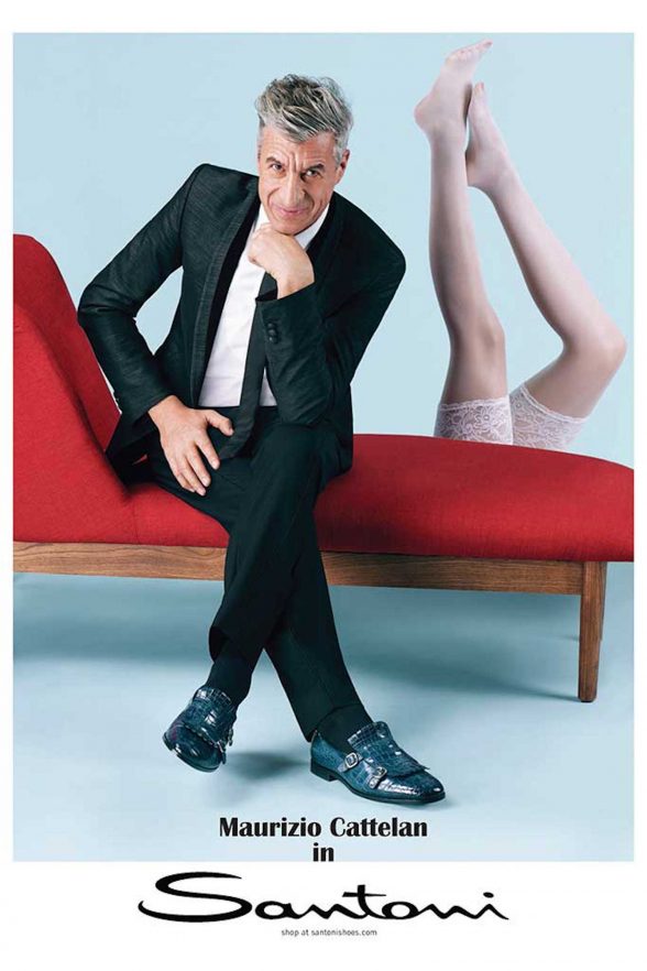 Maurizio Cattelan in an advertisement for Santoni.