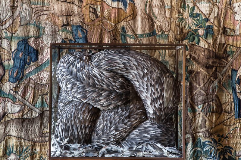 Kate MccGwire’s chimerical feather sculptures from 2014 at Le Musée de la Chasse et de la Nature.