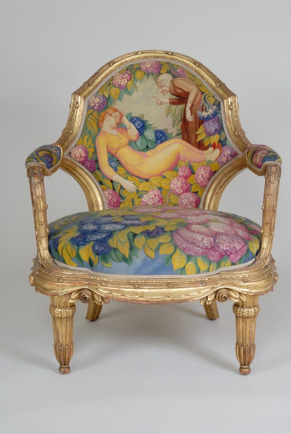 “Sleeping Beauty” chair, from 1913/1926, was carved by Paul Follot and “illustrated” by furniture painter Jean Veber