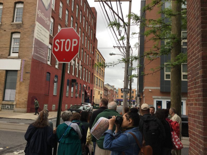 Artblog group looking up at the "Vox" building (left) as Hidden City's Pete Woodall tells us its history in the Callowhill Neighborhood