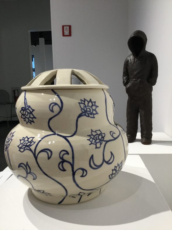 Roberto Lugo and Yelizaveta Masalimova "What Remains" 2017. Sculpture by Masalimova, jar by Lugo, stoneware, slip, glaze