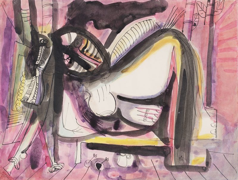 Wifredo Lam (b. 1902, Cuba–d. 1982, France), “Mujer-Caballo Reclinada,” c. 1946-1947. Ink on paper. From the personal collection of Juan Castillo Vázquez, Havana, Cuba.