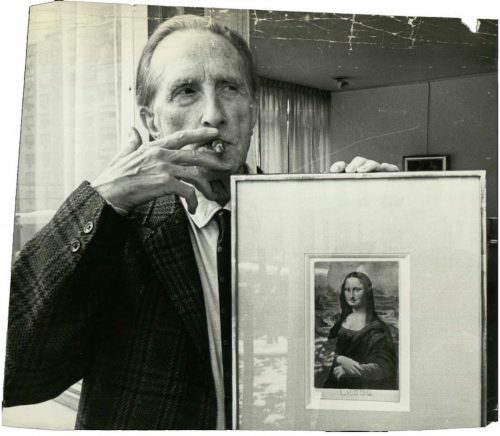 Marcel Duchamp with his L.H.O.O.Q., circa 1965.