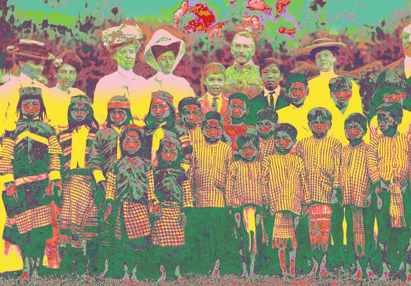 "Native children, Thomasites, Mayon Volcano, and Kapre (RG)", 44” x 61”, archival pigment print. Image courtesy of Maria Dumlao.
