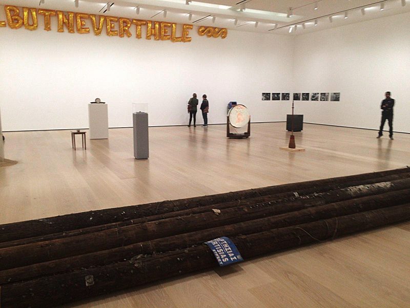 Installation photo of “Stories of Almost Everyone”; foreground – Christodoulos Panayiiotou; middle l. to r. – several works on pedestals, Danh Vo's globe, Michael Queenland in front of Mark Leckey; walls l. to r. -nCennetoglu and Andrea Butner.