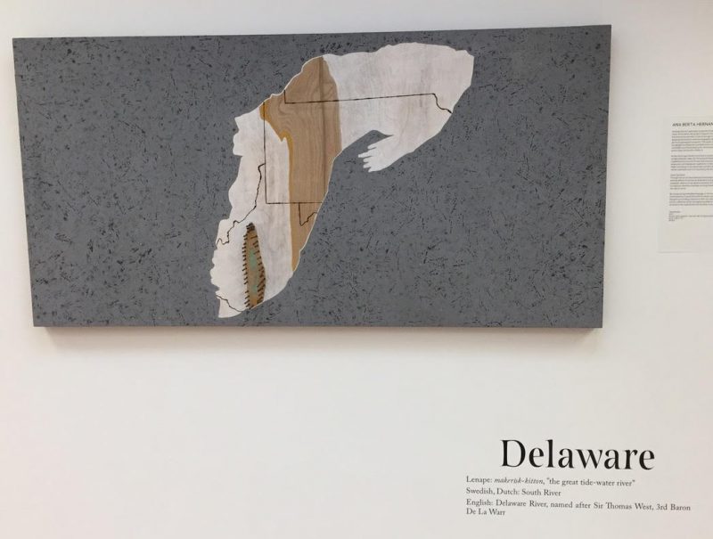 "The Marcellus," by Ana Berta Hernandez, in "Learn a River's Name" The Delaware text in the photo is one of a few river name etymology texts that was hung throughout the gallery when the show was up at the Schuylkill Center.