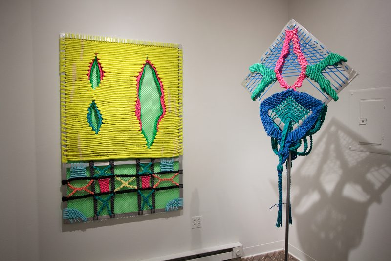 (From Left to right) Jesse Harrod, "Untitled," 2018, paracord and aluminum; Jesse Harrod, "Untitled," 2018, paracord, plastic, aluminum. Photo credit: Michael Konrad.