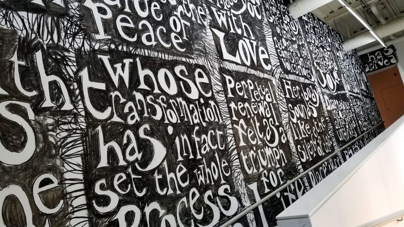 Jade Montserrat, "Untitled (The Wretched of the Earth after Frantz Fanon)," 2018 site specific charcoal wall drawing.