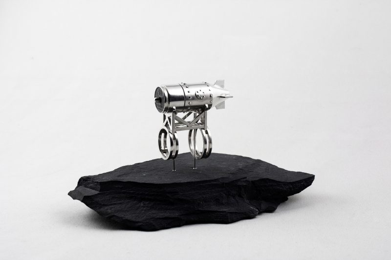 “The Greatest Generation: Torpedo” (2010-16), Ken Derengowski Sterling silver and found object, 3 x 6½ x 4 inches, Courtesy of the artist.