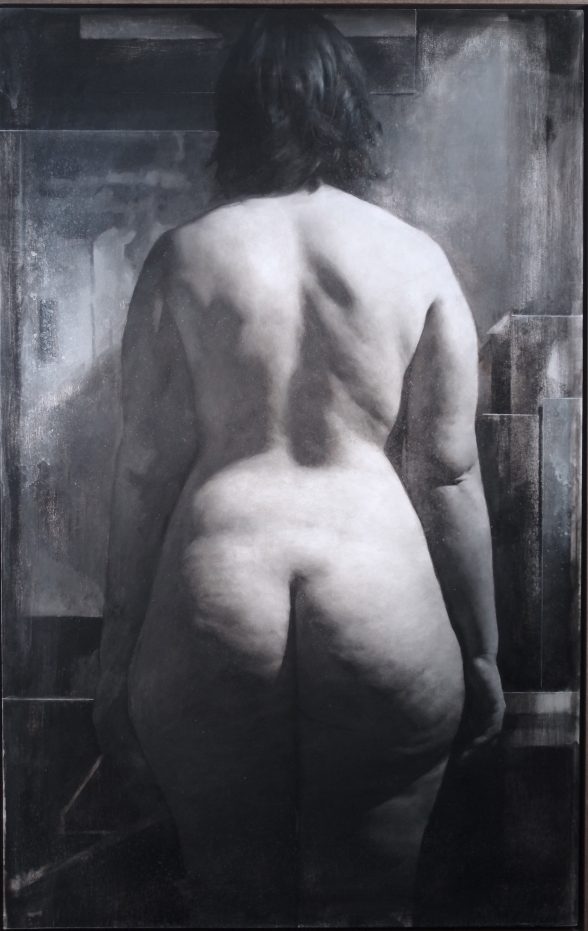 “Interior” (2018), Michael Grimaldi, Oil, chalk, wax, and charcoal on board on panel, 38 x 24 inches, Courtesy of the artist.