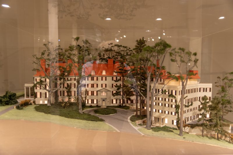 Model of Winterthur in display case at the museum