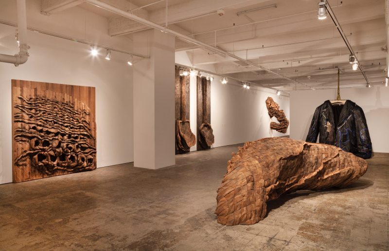 Installation photo, "Ursula von Rydingsvard: The Contour of Feeling," The Fabric Workshop and Museum. Photo credit Carlos Avendaño. Pictured left wall: "thread terror," "Echo, Sunken Shadow," "SCRATCH II"; Foreground right: "OCEAN VOICES," "PODERWAĆ."
