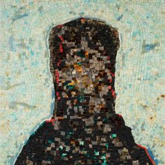 Painting of a black abstracted silhouette of resembling a semi-formless figure, in tile-like squares of Black, tan, red, and green; on a mint green-blue background also painted in tile-like squares.