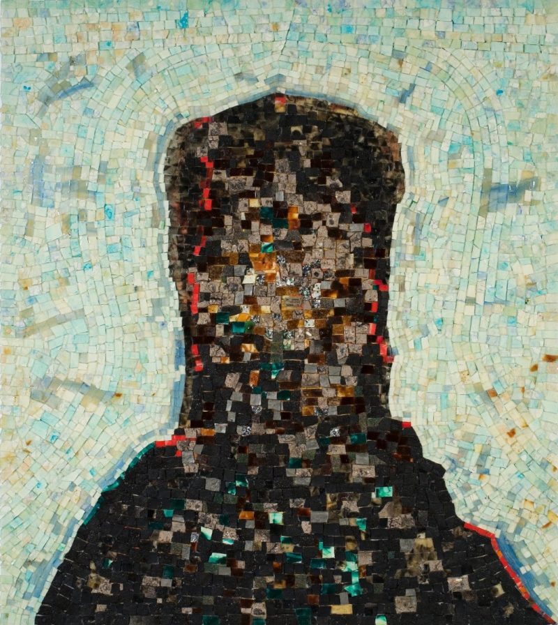 Painting of a black abstracted silhouette of resembling a semi-formless figure, in tile-like squares of Black, tan, red, and green; on a mint green-blue background also painted in tile-like squares.