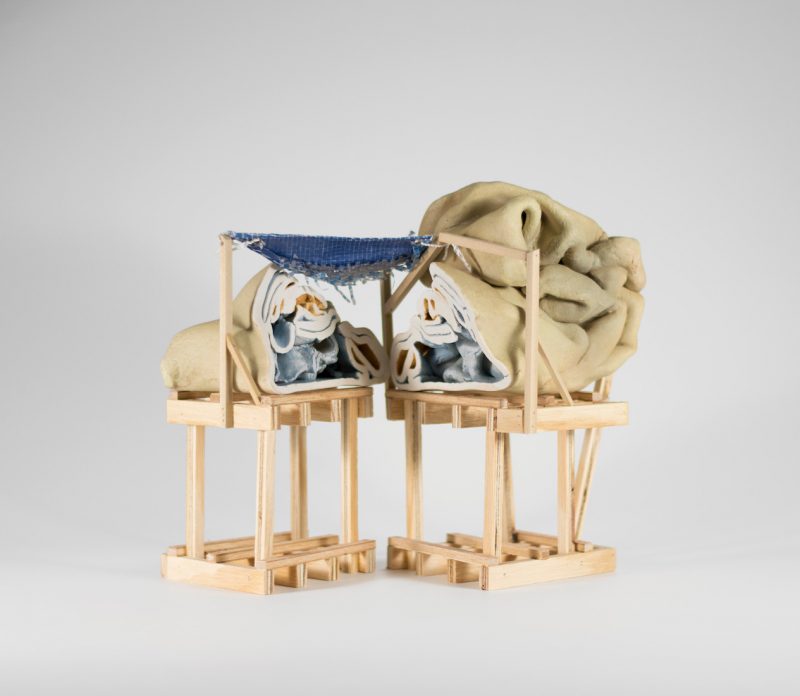 Sarah Allen Prigodich, "Just Tarp It," Porcelain, oxides, wood, tarp, 9" x 11" x 6," Da Vinci Art Alliance, 2018.
