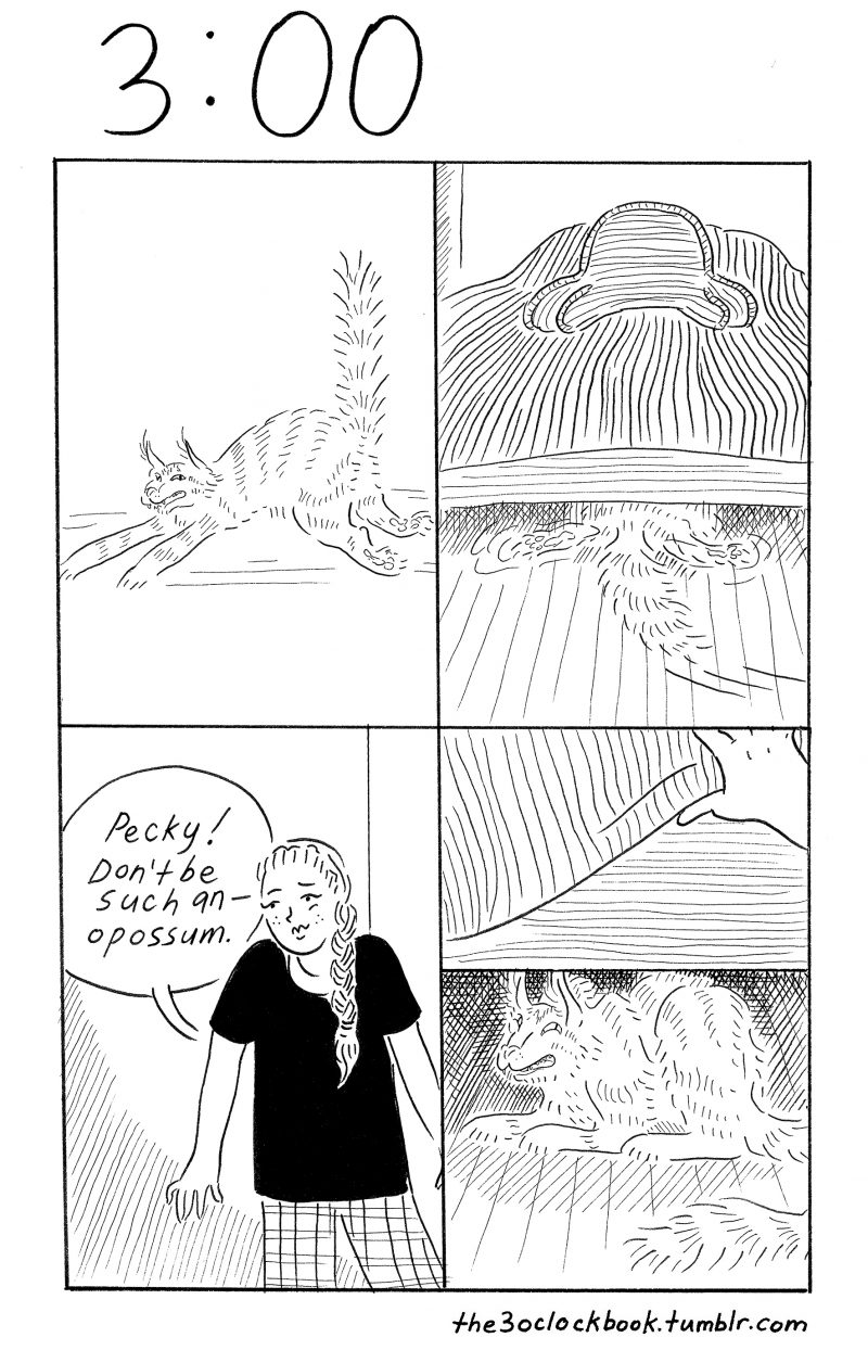 Beth Heinly comic, The 3:00 Book, featuring Pecky the cat