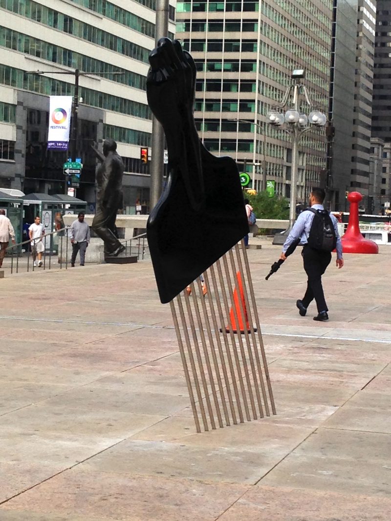 Hank Willis Thomas, Monument Lab piece, Afro Pick in front of the Municipal Services Building, Fall, 2017