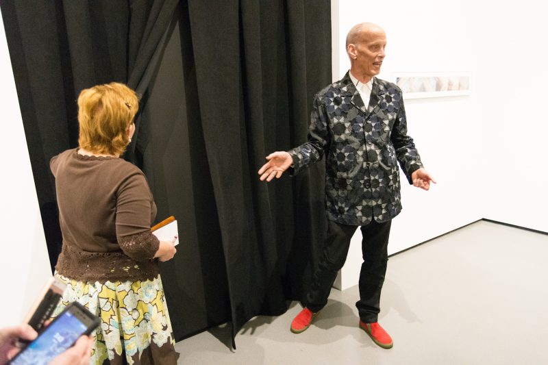 John Waters discusses "Video Room" Media Preview, Indecent Exposure, Baltimore Museum of Art. Photo by Chuck Patch, with permission