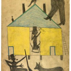 “Untitled (Yellow and Blue House with Figures and Dog),” July 1939, colored pencil on paperboard. Image credit: Gene Young