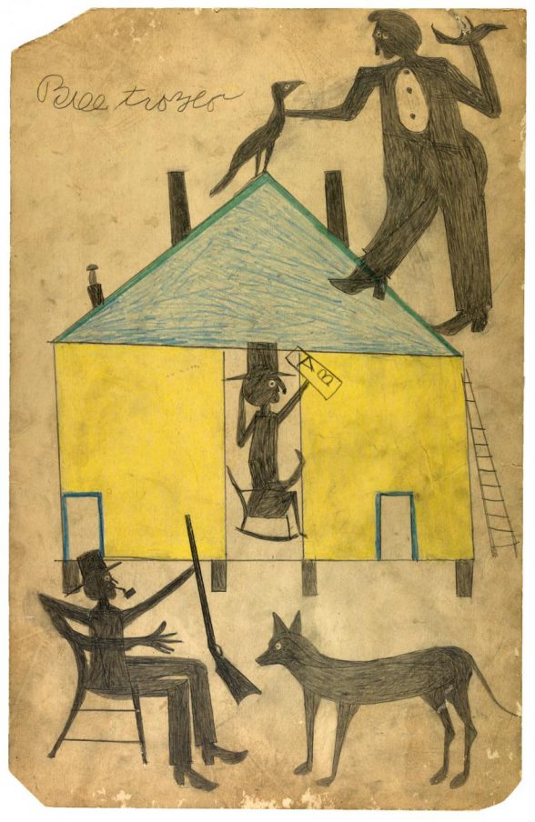 “Untitled (Yellow and Blue House with Figures and Dog),” July 1939, colored pencil on paperboard. Image credit: Gene Young