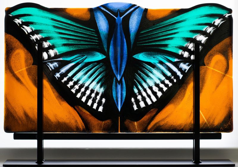 "Queen Butterfly," 2017 Mirjam Seeger (born 1953), Painting on fused glass, 12 × 24 inches, Courtesy of the artist. © Miriam Seeger.