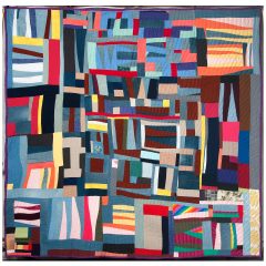 Mary Lee Bendolph, “Grandpa Stripes,” Mixed fabrics, including cotton, denim, polyester satin, and synthetic brocade, 92 x 94 inches, 2010. Image: Courtesy of Rubin Bendolph Jr. in honor of Mary Lee Bendolph.