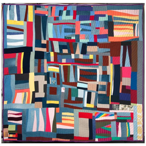 Mary Lee Bendolph, “Grandpa Stripes,” Mixed fabrics, including cotton, denim, polyester satin, and synthetic brocade, 92 x 94 inches, 2010. Image: Courtesy of Rubin Bendolph Jr. in honor of Mary Lee Bendolph.