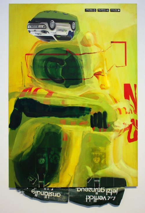 AxioCert, Heet Lee, 2018, 79 x 55 in, Oil, acrylic, spray paint, and poster on canvas