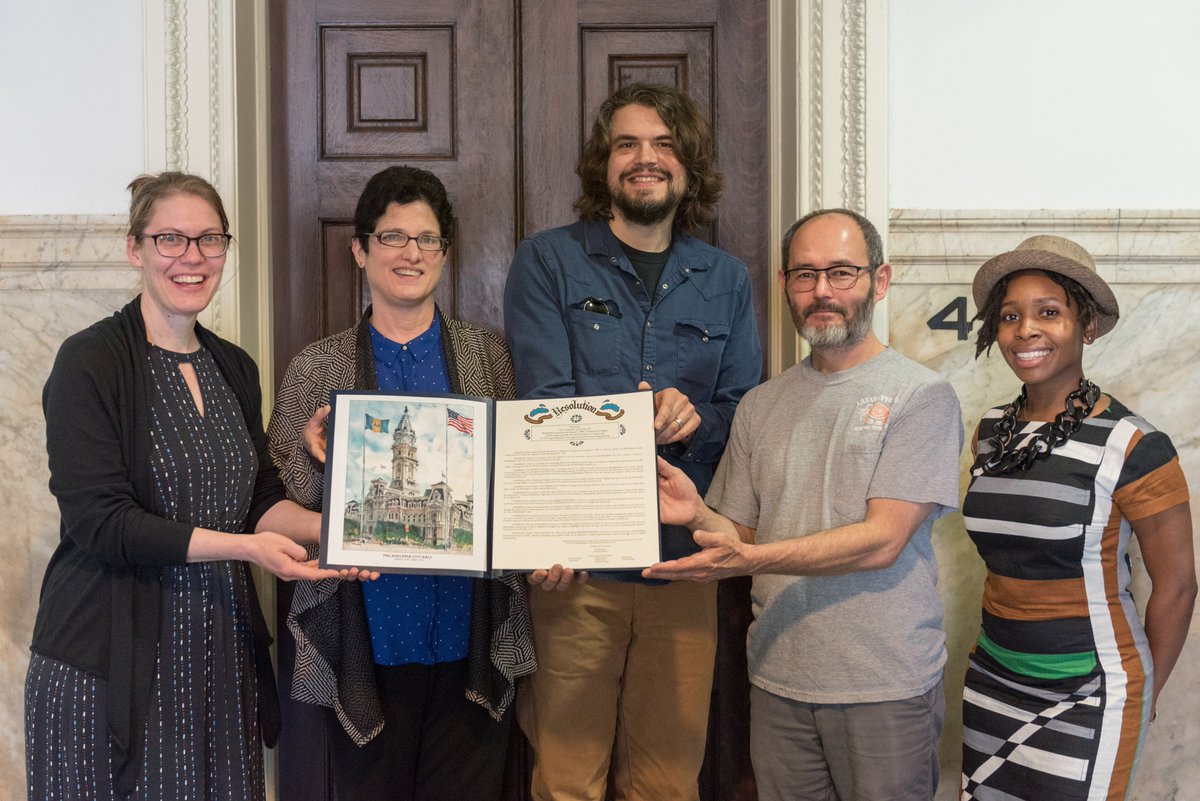 Leah Douglas and her team receiving a citation from the city of Philadelphia for the wonderful 20 years of Art at the Airport. (l-r, Ursula Stuby, Leah Douglas, Ahmed Salvador, Clint Takeda, Rachel Jackson)