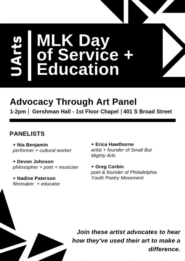 poster for MLK day panel on art and advocacy