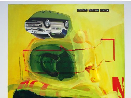 AxioCert, Heet Lee, 2018, 79 x 55 in, Oil, acrylic, spray paint, and poster on canvas