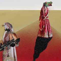 Engendered Species, 2016, 14” x 16”, Collage, spray paint, glitter, ink on paper, mounted on panel. Image and description courtesy of the artist’s website.