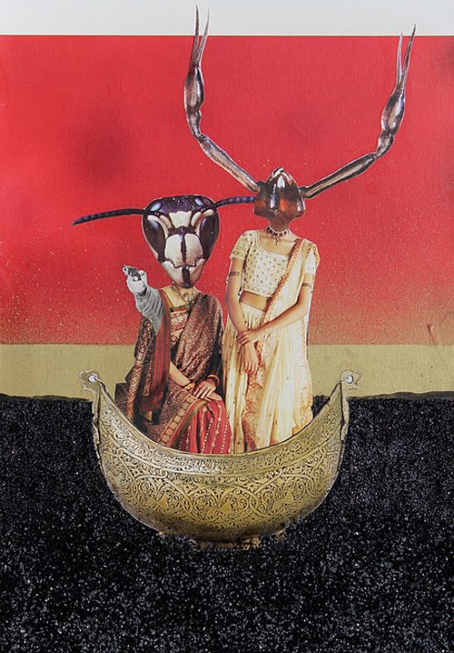 Suck My Dowry, 2016, 16.5” x 12”, Collage, spray paint, glitter on paper, mounted on panel. Image and description courtesy of the artist’s website.