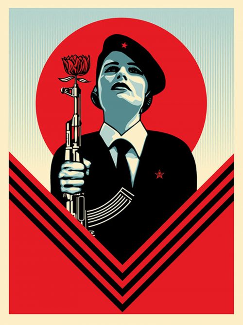 Peace Guard 2 (2016) by Shepard Fairey 24”x18” screenprint. This image is loosely a sequel to Fairey’s Peace Guard from 2008 and serves as a reminder that pushing for peace, ironically, requires a militant vigilance itself.