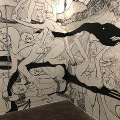 Yoga poses at Grizzly Grizzly, in William Downs's surreal wall drawing 5 “Standing on the verge of…”, a mural by William Downs at Grizzly Grizzly