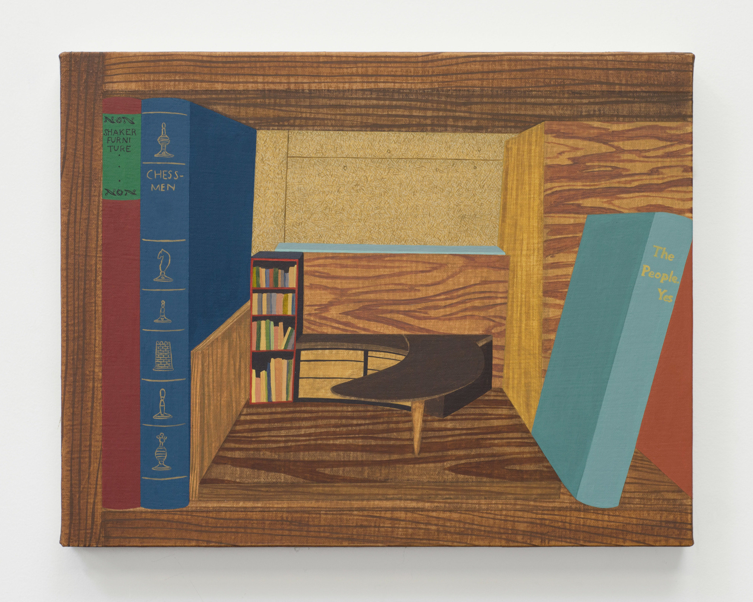 Becky Suss, painting of a maquette in a bookcase. Image courtesy of Fleisher-Ollman gallery