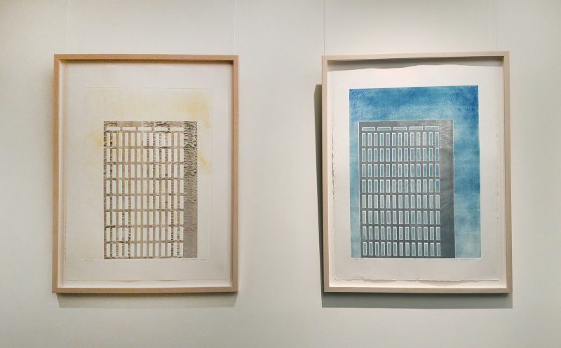 Barbara Lubliner, "Daybreak" and "High Noon", 25" x 33". Monoprint of EPL laser cut aluminum. Photo by Ilana Napoli.
