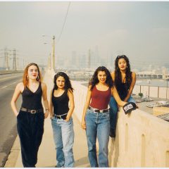 Photographer unknown, Mind Crime Hookers party crew on 6th Street Bridge, Boyle Heights, 1993. Courtesy Guadalupe Rosales.
