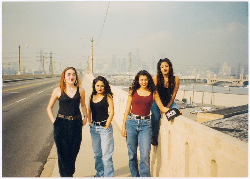 Photographer unknown, Mind Crime Hookers party crew on 6th Street Bridge, Boyle Heights, 1993. Courtesy Guadalupe Rosales.